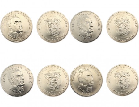 380 EUR  Lote 4 20 Balboas  1971/1972/1973/1974   Sin Circular   plata 925   518,36 gr 